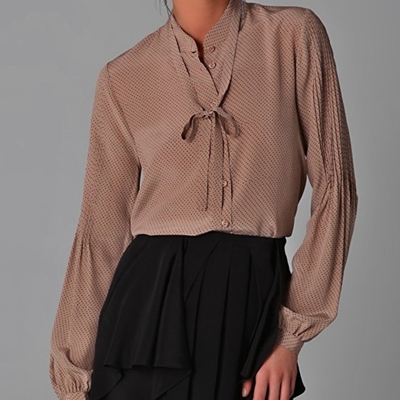 Jeunesse Tops - Jeunesse Claudine Blouse 100% Silk Long Sleeve Top Mocha with Mini Black Dots XS